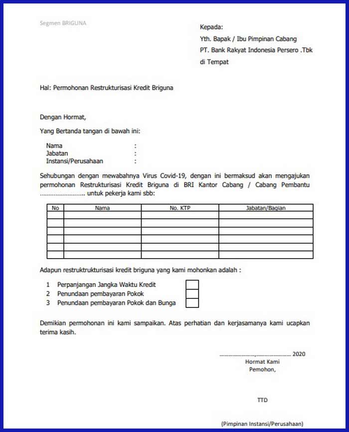 Contoh Permohonan Restrukturisasi Briguna