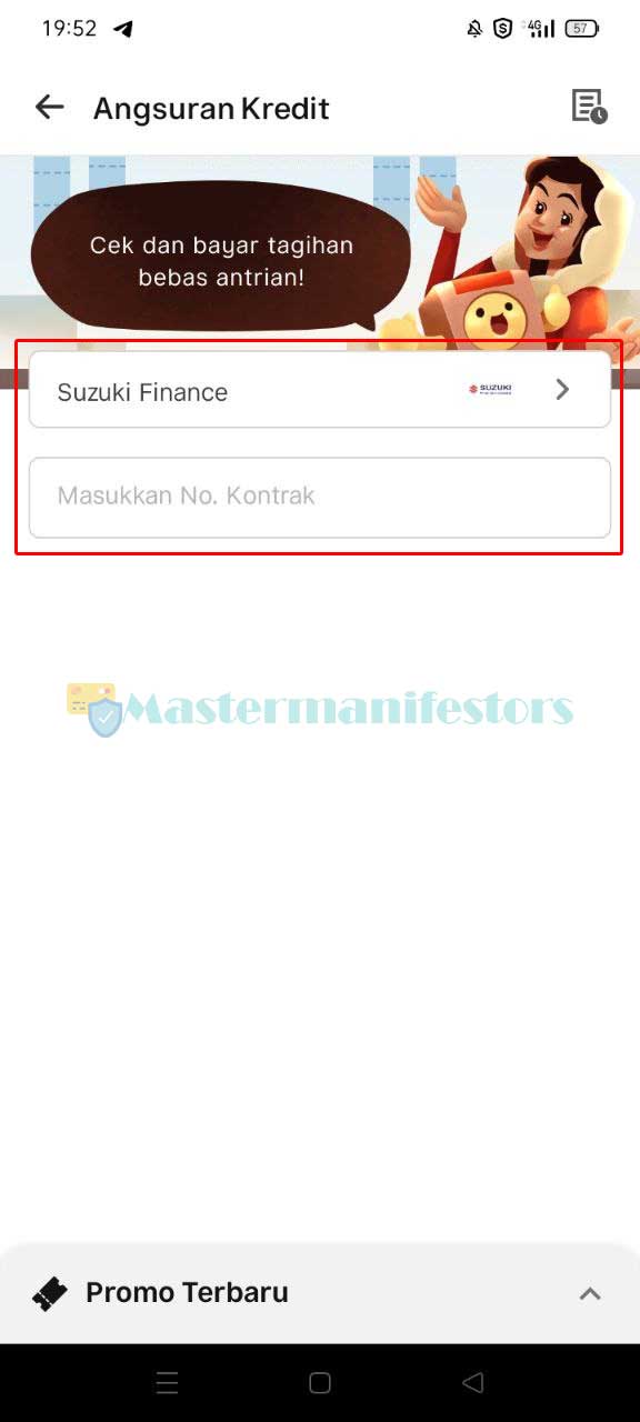 Berikutnya pilih Suzuki Finance di kolom Penyedia Jasa dan masukkan Nomor Kontrak.