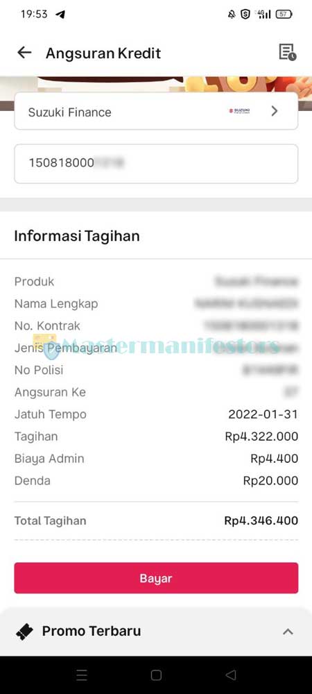 Jika berhasil maka informasi angsuran Suzuki Finance akan muncul di bagian bawah layar.