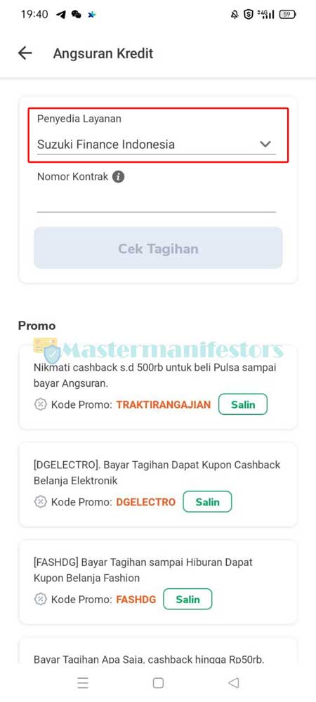 Kemudian pilihlah Suzuki Finance Indonesia di kolom Penyedia Layanan.