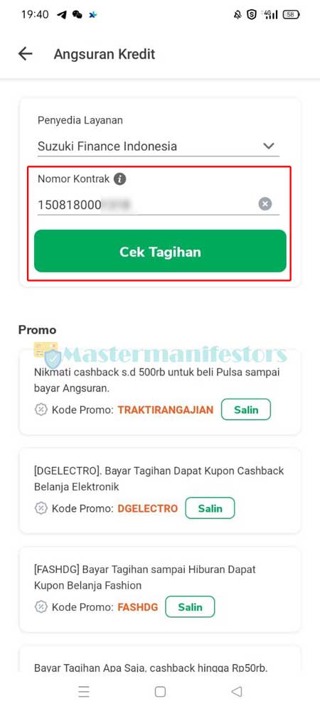 Setelah itu, masukkan Nomor Kontrak Suzuki Finance dan tekan tombol Cek Tagihan.