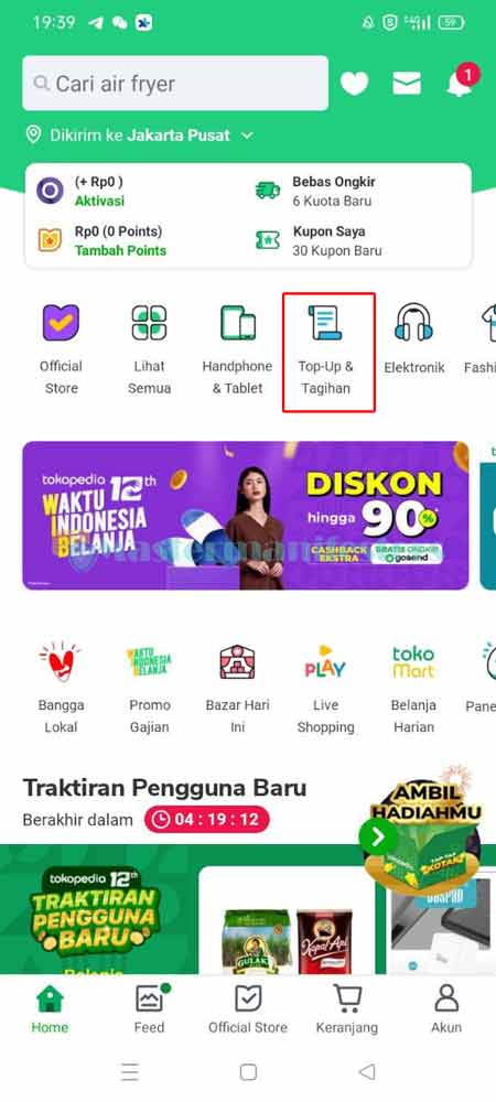 Buka aplikasi Tokopedia, lalu klik Top Up & Tagihan.