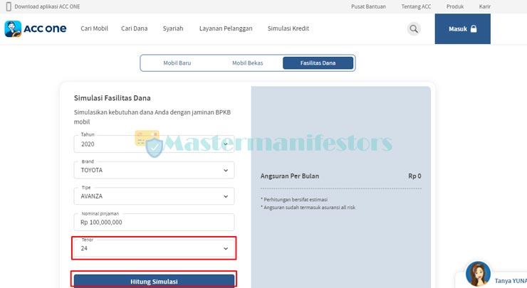 Kemudian klik salah satu tenor angsuran (12, 24, 36 bulan). Lalu klik tombol Hitung Simulasi.