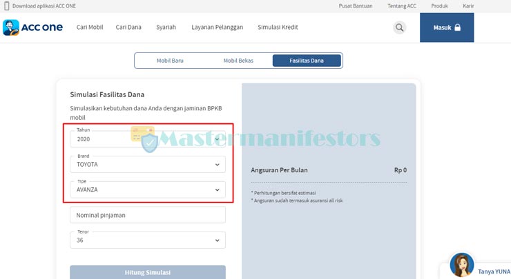 Selanjutnya masukkan data simulasi mulai dari pilihan Tahun, Brand serta Tipe