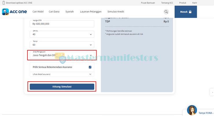 Setelah itu, pilihlah area pengajuan sesuai domisili Anda. Lalu klik tombol Hitung Simulasi