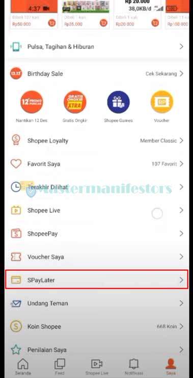 Berikutnya klik pada pilihan Shopee Paylater atau SPaylater.