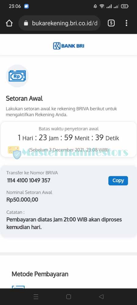 Pembayaran Biaya Buka Rekening BRI Simpedes