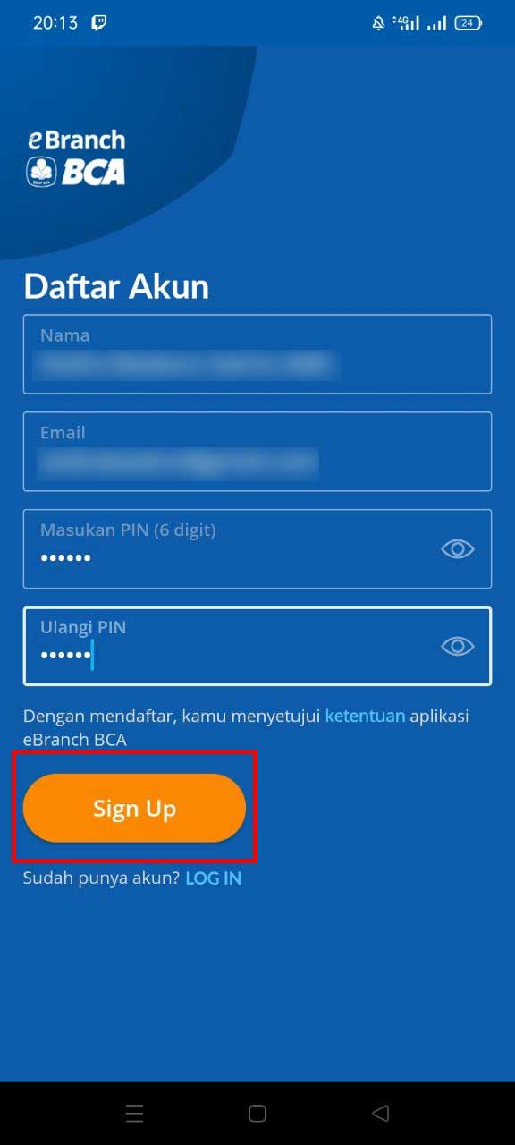 Berikutnya masukkan data yakni Nama, Email & buat PIN eBranch, lalu klik Sign Up.