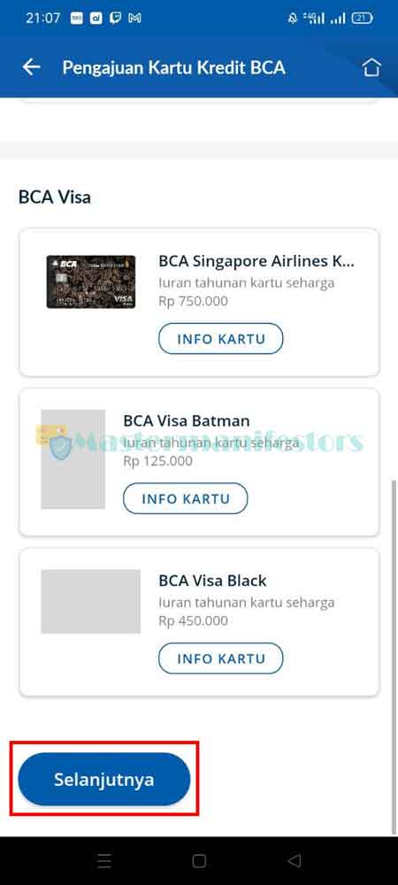 Berikutnya pilih jenis kartu kredit BCA VISA atau Mastercard (opsional boleh iya ataupun tidak), lalu klik Selanjutnya.