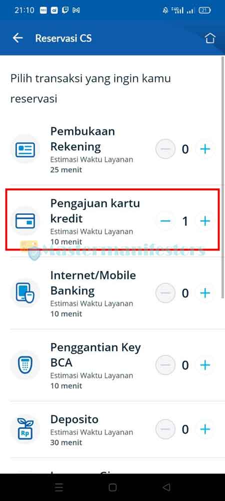 Lalu klik tombol plus pada Pengajuan Kartu Kredit untuk mendapat antrean CS di kantor BCA terdekat.