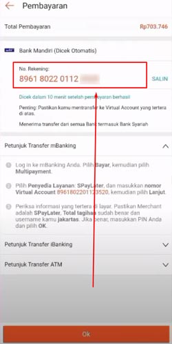 Jika berhasil nantinya muncul tampilan Kode VA bayar Shopee Paylater