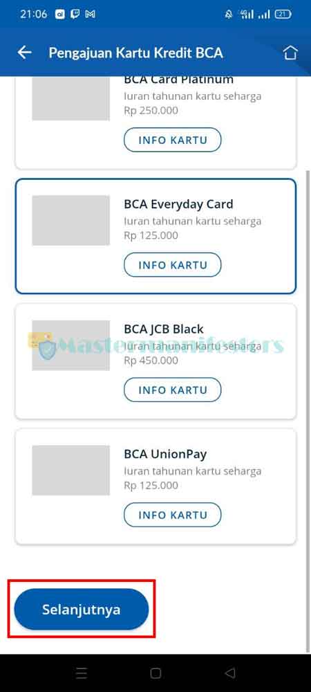 Kemudian pilih salah satu kartu kredit BCA wajib yakni BCA Card, lalu klik Selanjutnya.