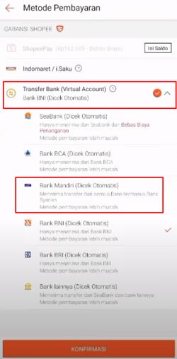 Kemudian pilihlah tombol bertuliskan Transfer Bank (Virtual Account), lalu klik Bank Mandiri dan juga tombol Bayar Sekarang.