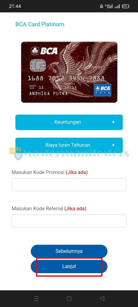 Konfirmasi pilihan kartu kredit BCA yang hendak dibuat.