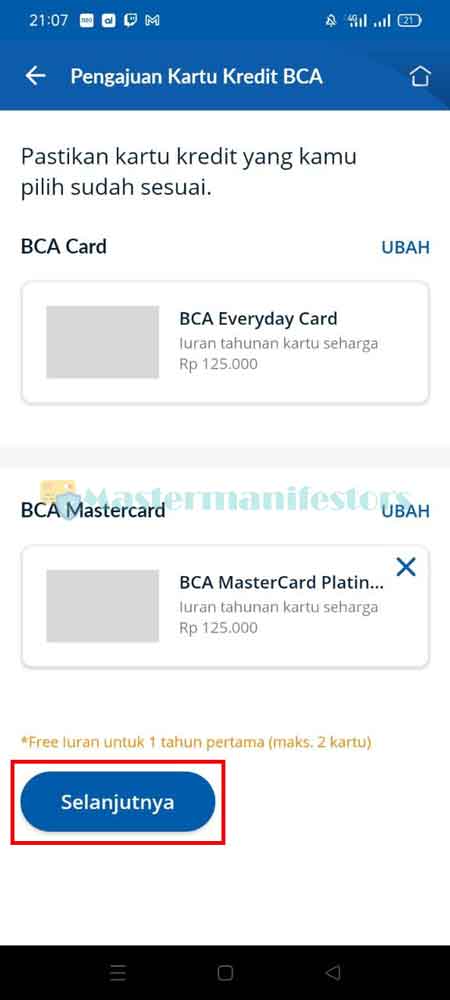 Setelah itu, periksa kembali pilihan kartu kredit BCA, lalu klik Selanjutnya.