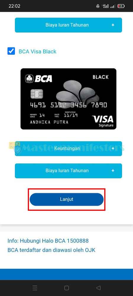 Setelah itu pilih jenis kartu kredit VISA atau Mastercard (opsional), lalu klik Lanjut.