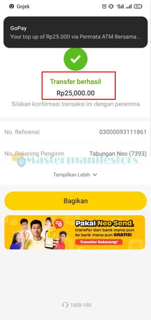 5. Transfer Neo ke Gopay Berhasil