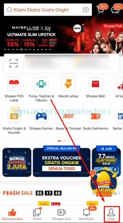 Buka aplikasi Shopee lalu pilih menu Saya.