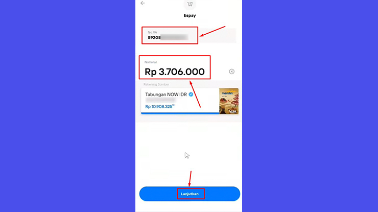 5. Masukan Nomor VA Mandiri untuk Bayar Adira