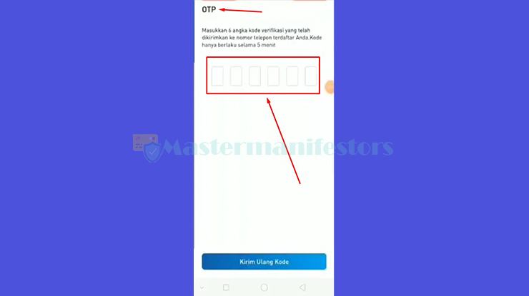 Masukan Kode OTP yang dikirimkan melalui Nomor Handphone terdaftar
