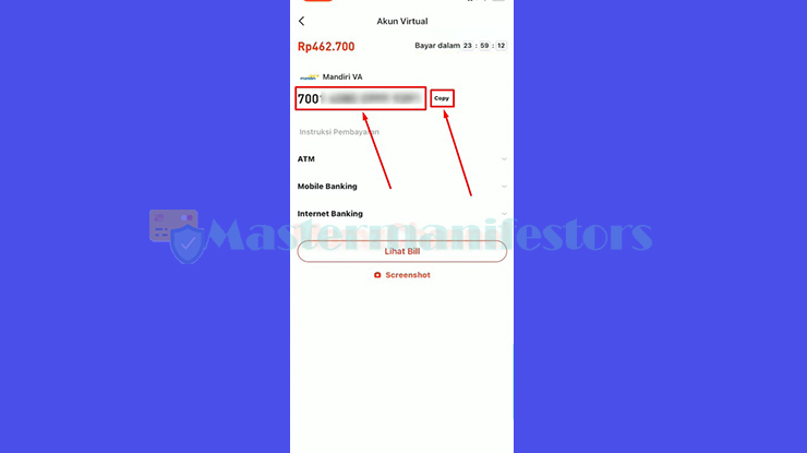Nomor Virtual Account Mandiri akan ditampilkan di layar