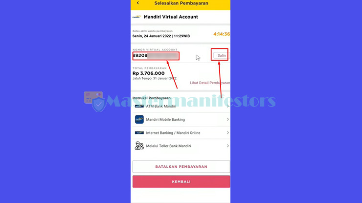 Nomor Virtual Account Mandiri akan muncul pada tampilan