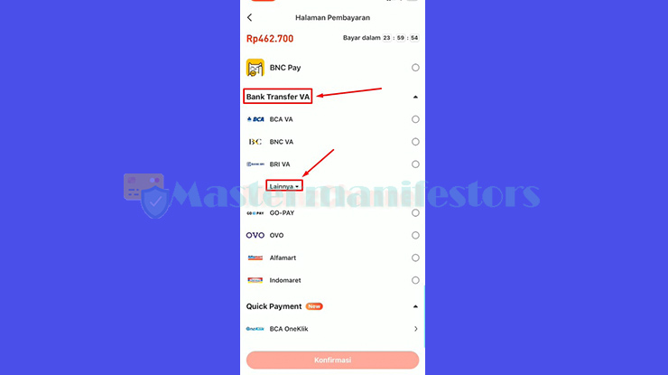 Pada opsi metode pembayaran silahkan tap Lainnya di tab Bank Transfer VA