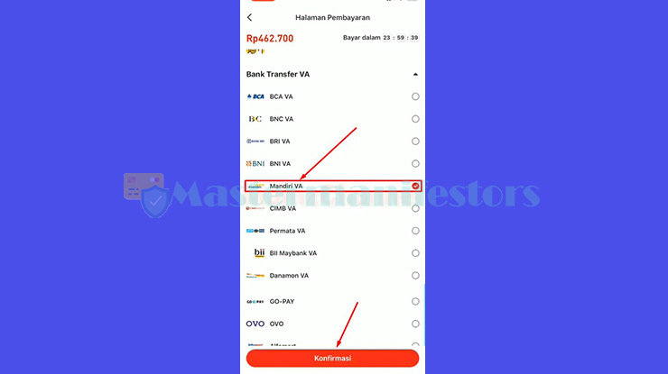 silahkan tap Mandiri VA kemudian tap Konfirmasi di bagian bawah tampilan