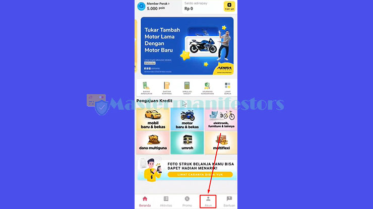 silahkan tap menu Akun jika sudah masuk ke halaman beranda Adiraku