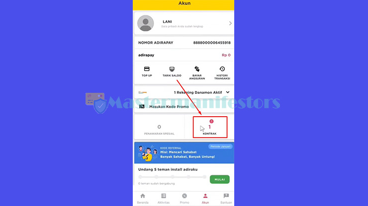 silahkan tap menu Kontrak di tampilan Adiraku